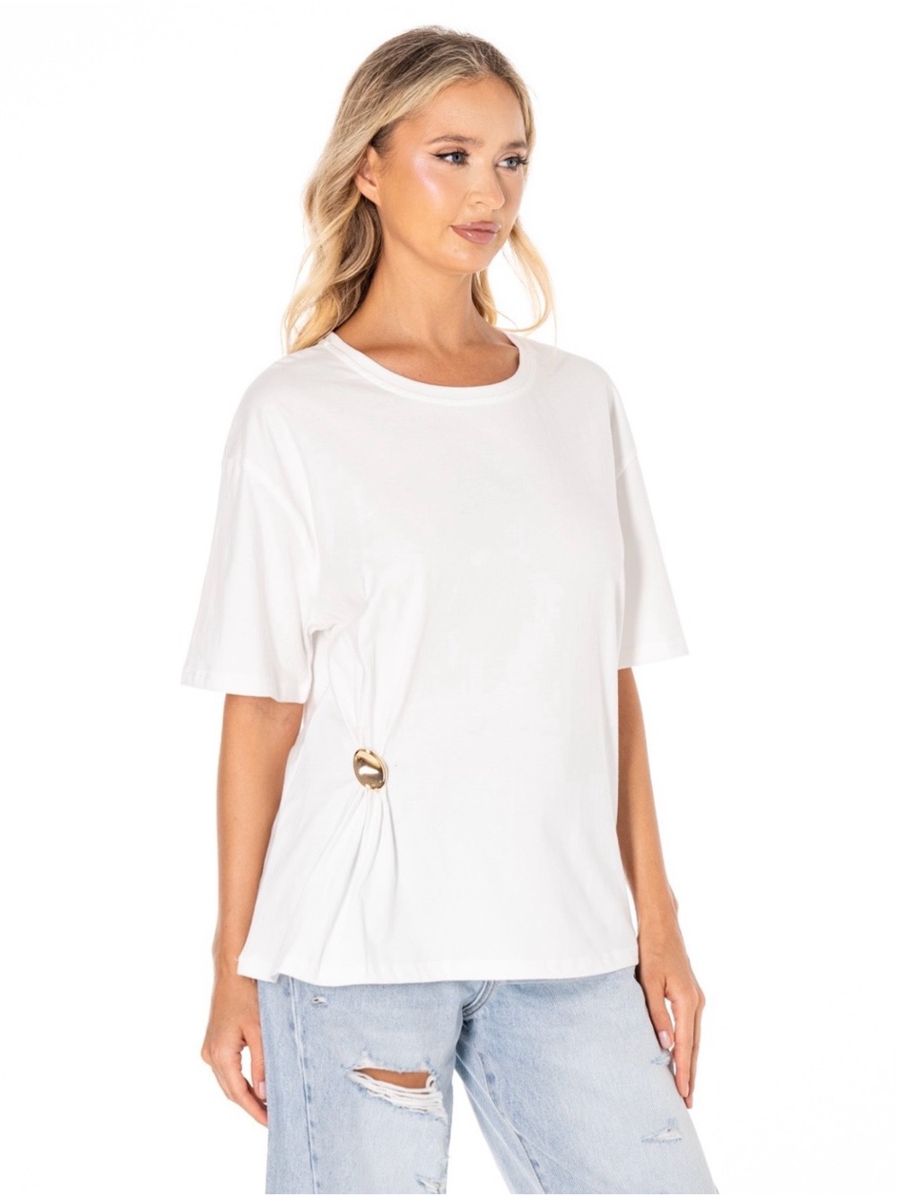 Women’s White Short Sleeve Tee with Gold Ring Detail